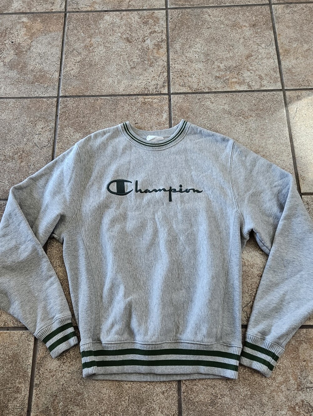 Champion Light Gray Crewneck Sweatshirt with Green Stripe Trim